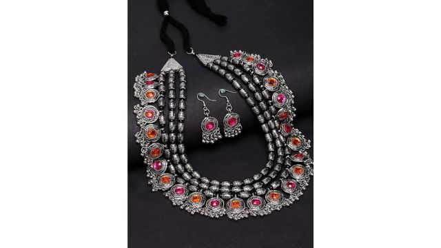 Shining Diva Fashion Oxidised Silver Tribal Necklace Set