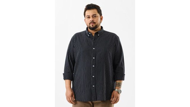 Snitch Men Plus Size Striped Smart Slim Fit Formal Shirt (Black)