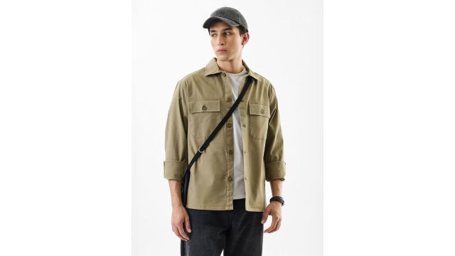 Snitch Solid Casual Shacket (Beige, Stretch Knit)