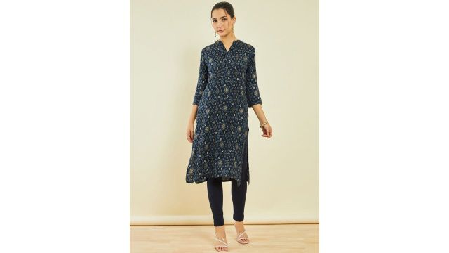 Soch Navy Blue Ethnic Motifs Ikat Printed Kurta
