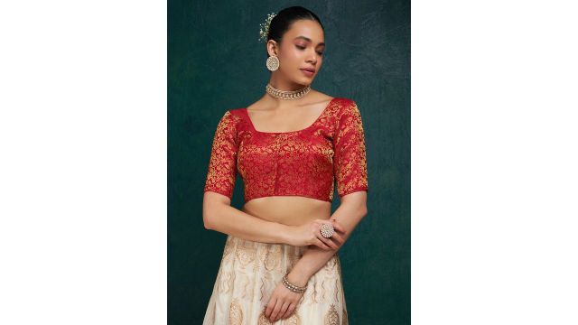 Soch Red Woven Silk Brocade Blouse (Hook & Eye)