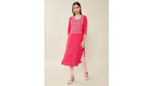 Soch Women Pink & White Ethnic Motifs Yoke Design Thread Work Kurta