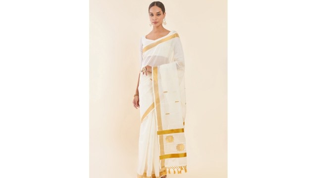 SochOff White & Gold Ethnic Motifs Zari Pure Cotton Kasavu Saree