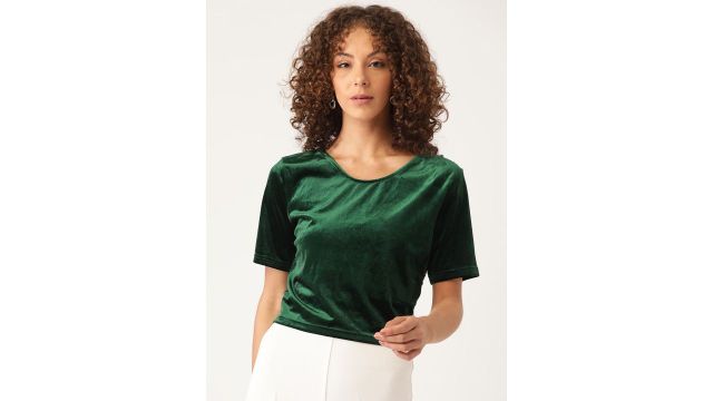 Splash Green Solid Velvet Finish Lace Crop Top
