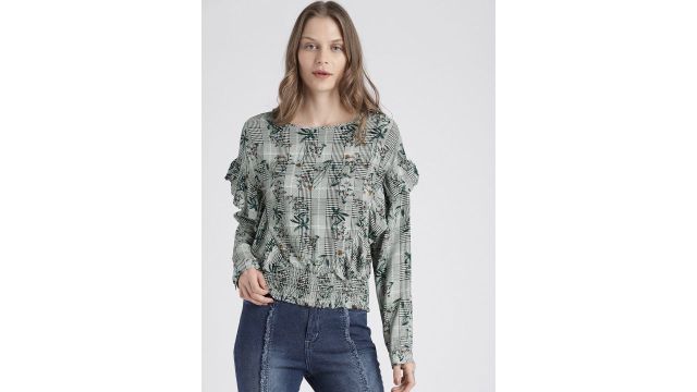 Splash Women Grey Printed Blouson Top