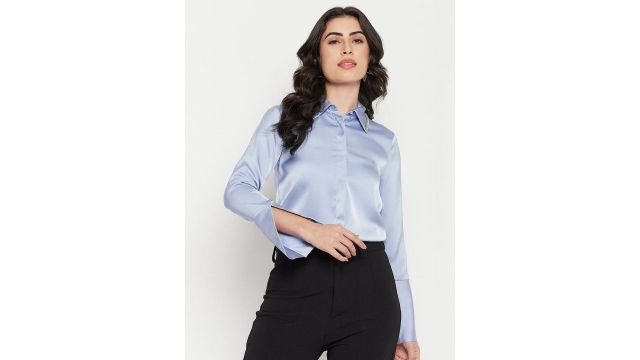 Spread Collar Solid Shirt with Concealed Placket (Blue)