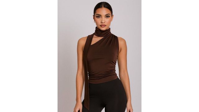 Street Style Store High‑Neck Fitted Sleeveless Top (Brown)