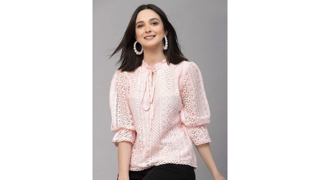 Style Quotient Self Design Tie-Up Neck Puff Sleeve Cotton Top