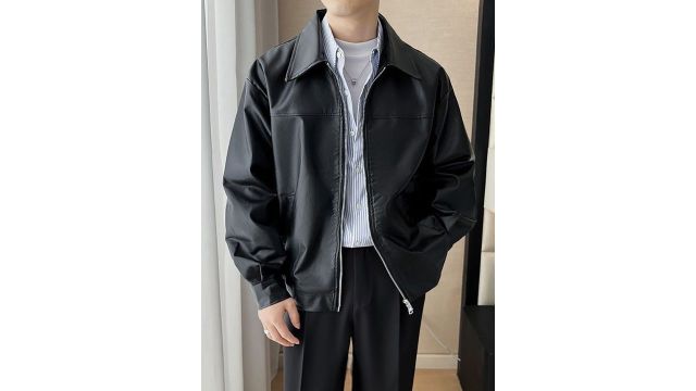 StyleCast x Revolte Men Spread Collar Solid Casual Leather Jacket