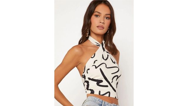 Stylecast X Slyck Abstract Printed Halter Neck Smocked Crop Fitted Top
