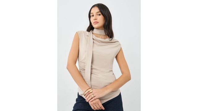 Styli Cowl Neck Front‑Draped Sleeveless Top (Beige)