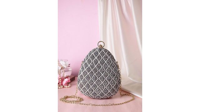 Swisni Grey & White Embellished Almond Shape Clutch