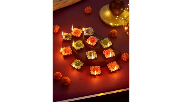 TIED RIBBONS 12 Handcrafted Oil Diyas (Blue/Red/Green)