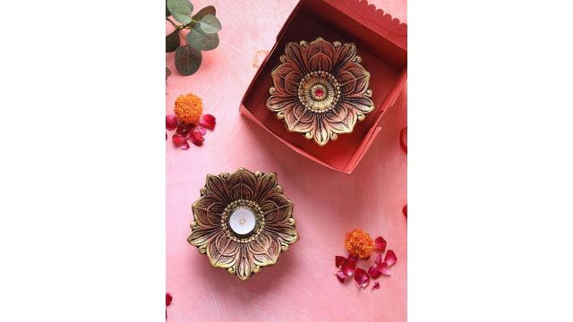 The Handicraftian Textured Large Lotus Diyas (Set of 2)