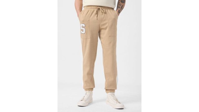 The Souled Store Men Mid‑Rise Pure Cotton Joggers (Beige, Baggy Fit)