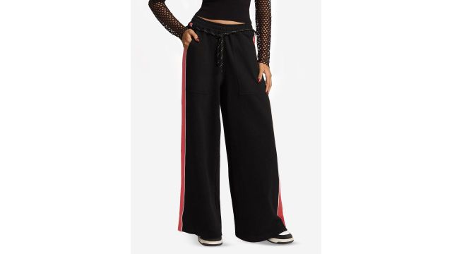 The Souled Store Women Flared Pure Cotton Track Pants (Black, Colourblocked)