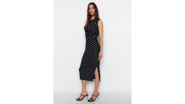 Trendyol Polka Dot Printed One Shoulder Sheath Midi Dress