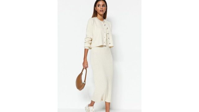 Trendyol Round Neck Long Sleeves Striped A-Line Midi Dress