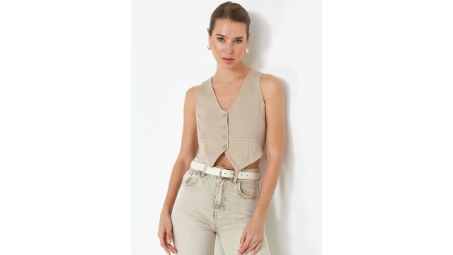 Trendyol V‑Neck Corduroy Waistcoat (Beige)