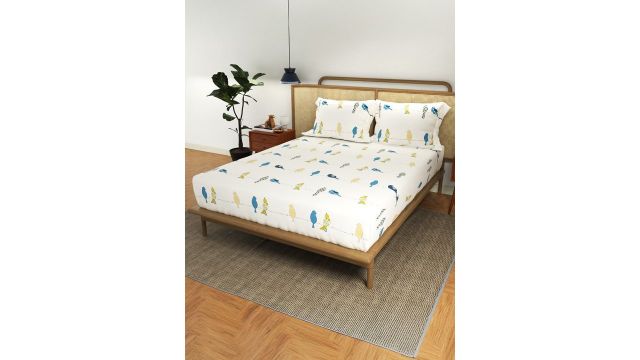 URBAN SPACE Divine White Graphic Cotton Wrinkle Free Fitted Bedsheet