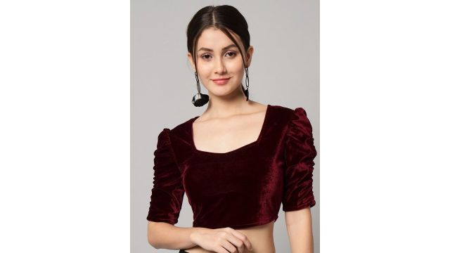 VAARARO Sweetheart Neck Velvet Stretch Blouse (Maroon, Velvet)
