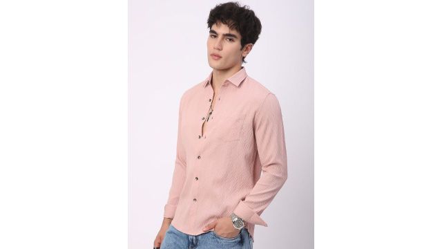 VASTRADO Men Classic Slim Fit Opaque Casual Shirt (Peach, Self‑Design)
