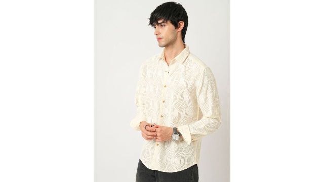 VASTRADO Men Classic Spread Collar Geometric Self‑Design Slim Fit Casual Shirt (Cream, Polyester)