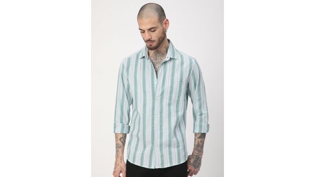 VASTRADO Men Striped Classic Slim Fit Pure Cotton Casual Shirt (Green & Grey Seersucker)