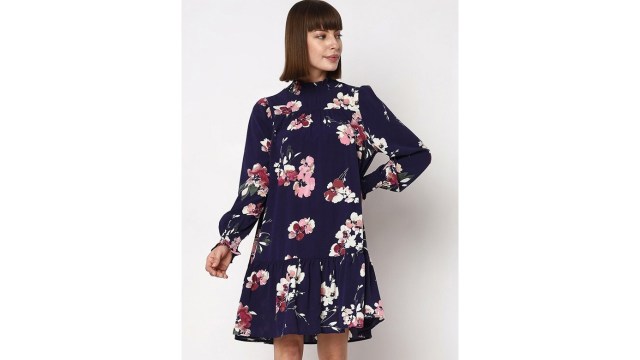 Vero ModaFloral Printed Puff Sleeves Gathered A-Line Dress