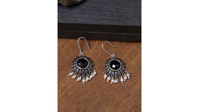 Voylla Silver-Plated & Black Floral Drop Oxidised Earrings