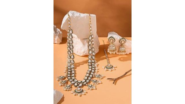 ZAVERI PEARLS Green Meenakari Kundan Bridal Long Dazzling Necklace Earring Maangtikka Set For Women