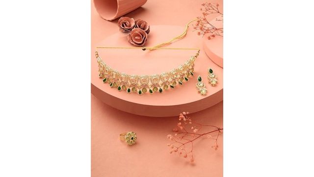 ZAVERI PEARLS Green Pink Stones Austrian Diamonds Embellished Choker Necklace Earring & Ring Set For Women