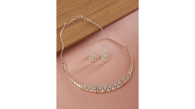 ZAVERI PEARLS Rose Gold Cubic Zirconia Party Bling Necklace & Earring Set For Women