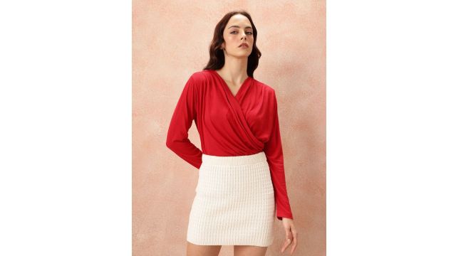 all about you V‑Neck Draped Wrap‑Style Top (Cherry Red)