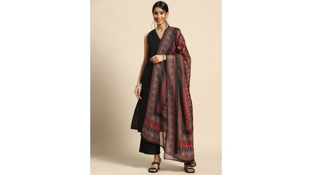 anayna Pure Cotton Kurta with Palazzos & Chanderi Dupatta (Black)