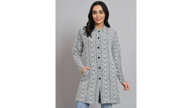 eWools Geometric Self‑Design Pure Wool Longline Cardigan (Black & White)