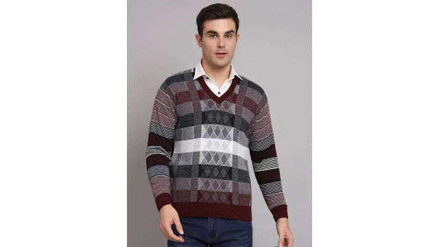 eWools Men Striped V Neck Maroon Sweater