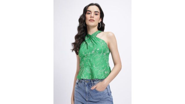 glitchez Floral Print Halter Neck Smocked Detail Peplum Top