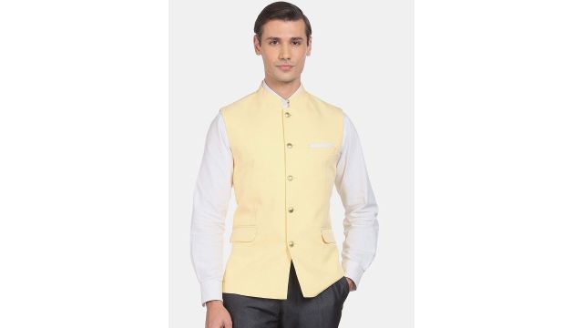 AD By Arvind Men Yellow Solid Woven Nehru Jacket