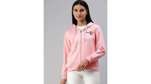 ADBUCKS Women Pink Hooded Solid Sweatshirt
