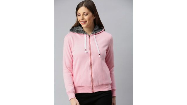 ADBUCKS Women Pink Solid Hooded Sweatshirt