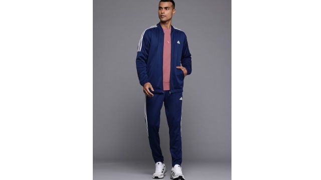 ADIDAS Striped Detail Drop-Shoulder Sleeves 3S Plain Jacket with Joggers