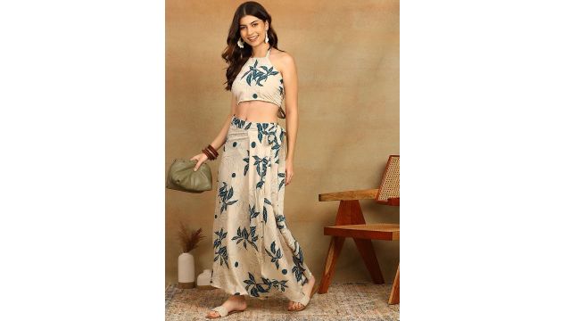 ADYASAA THE LABEL Printed Halter Neck Sleeveless Top With Skirt