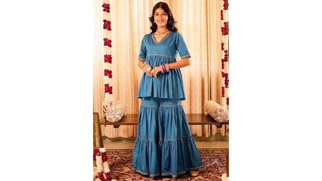 AKISO Gotta Patti Peplum Pure Cotton Short Kurta With Tiered Sharara & Dupatta