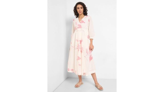 AKKRITI BY PANTALOONS Floral Fit & Flare Midi Dress (Pink)