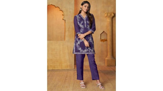 AUTUMN LANE Anumeha Embroidery V-Neck Top With Trouser Co-Ords