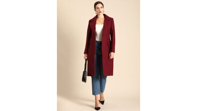 All About You Women Maroon Notched Lapel Single-Breasted Trench Coat