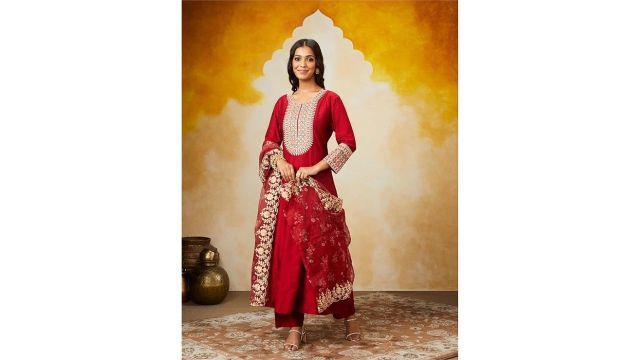 Amazon Brand - Myx Women's Embroidered Anarkali Kurta Pant Set