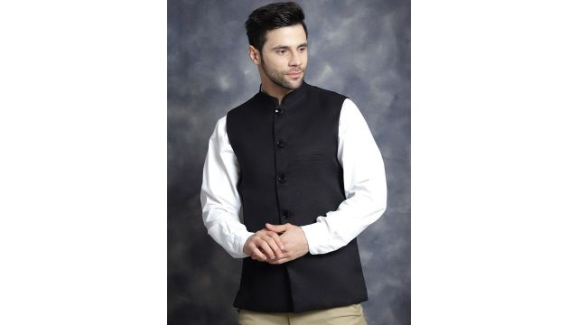 Anouk Black Mandarin Collar Woven Nehru Jacket