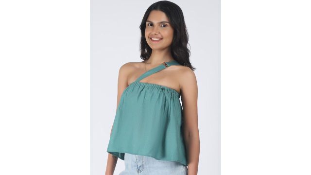 Aoba Women Green Solid One Shoulder Linen Tube Crop Top